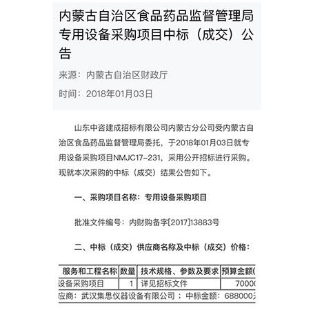 集思儀器2018首戰(zhàn)告捷，成功中標(biāo)內(nèi)蒙古自治區(qū)食品藥品監(jiān)督管理局設(shè)備采購(gòu)項(xiàng)目